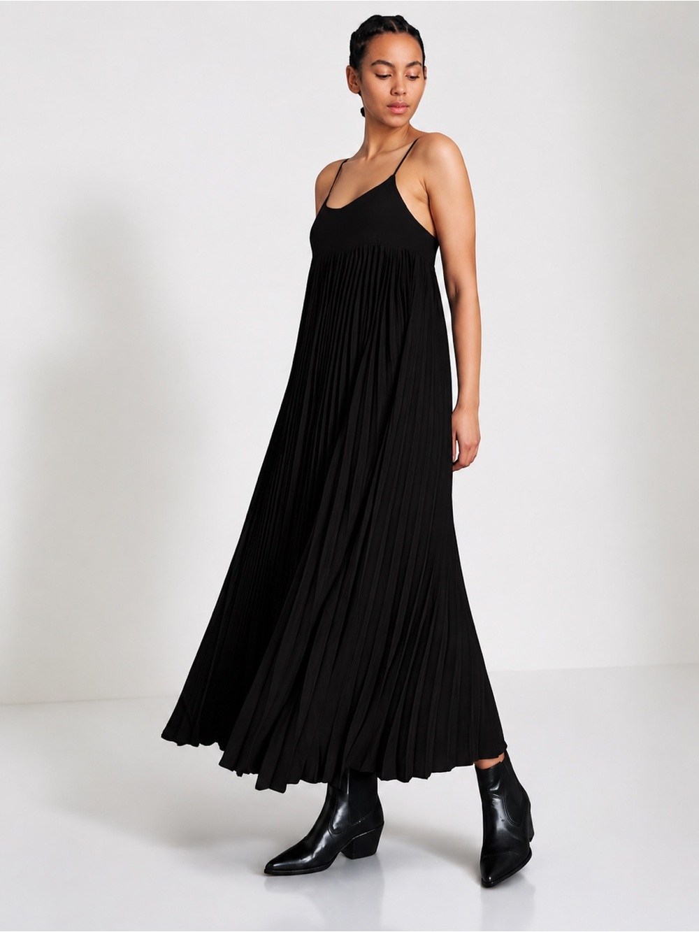 Black Pleated Maxi Slip Dress with Spaghetti Straps